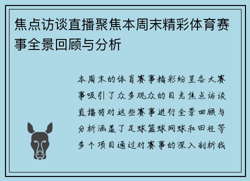 焦点访谈直播聚焦本周末精彩体育赛事全景回顾与分析